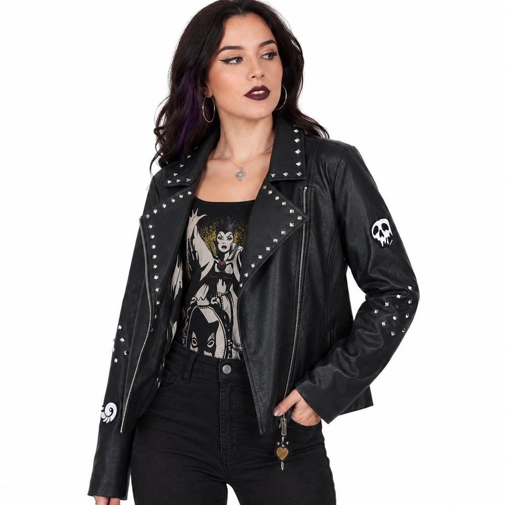 NWT Disney Villains Evil Queen Faux Leather Moto Jacket Studded Black Womens 2XL